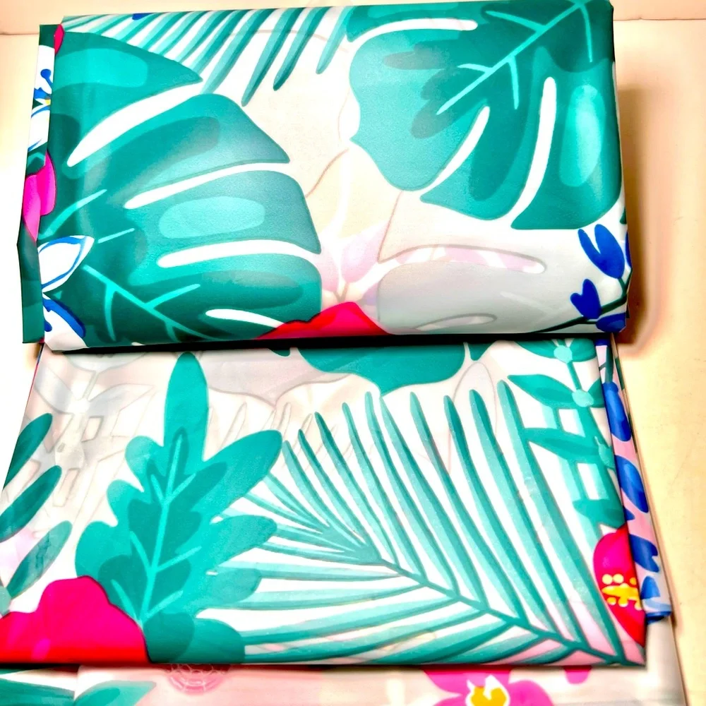 Tropical Fiesta Hibiscus Flowers & Leaves Peva Shower Curtain Pink Green
